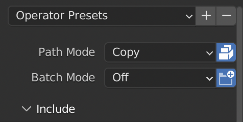 Screenshot in Blender showing where to set Path Mode to Copy