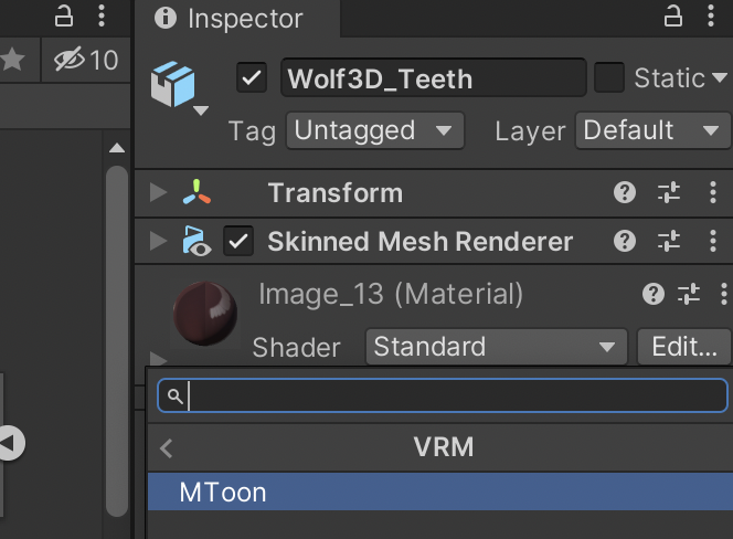 Screenshot of Unity showing where to change the material Shader