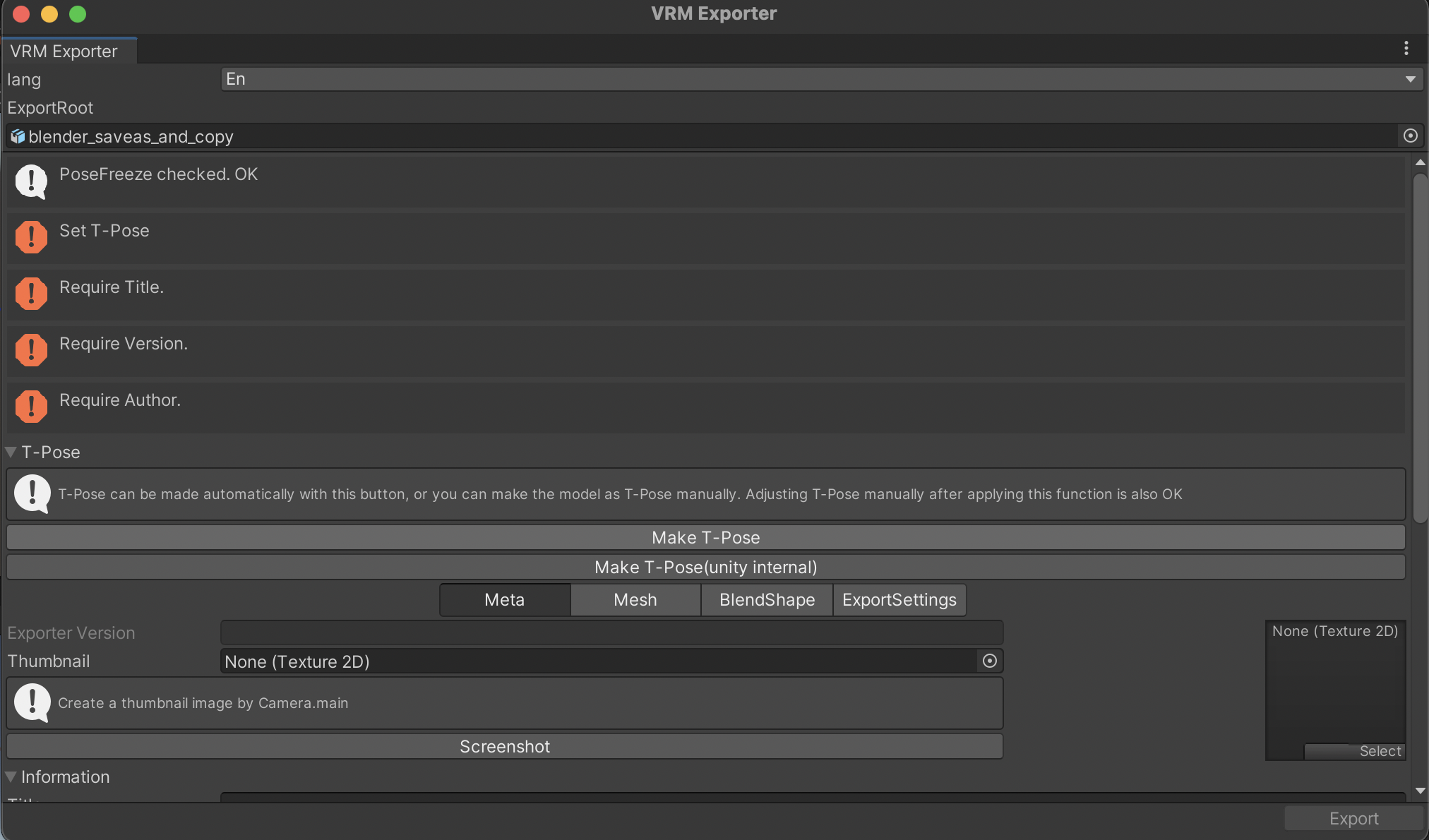 Screenshot of Unity showing the VRM export window