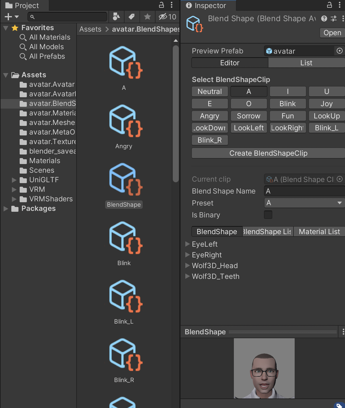 Screenshot of Unity showing the configuration of Blend Shape